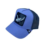 Gorra de Goorin Bros. con visera curva y paneles traseros de malla. Color violeta con parche bordado de una tortuga marina en el panel frontal.
