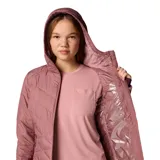 Campera Columbia Heavenly HDD Jacket para mujer, color rosa viejo con diseño acolchado en forma de rombos. Cuenta con capucha con forro polar, puños con orificios para los pulgares, bolsillos laterales con cierre y tecnología termorreflectante Omni-Heat.