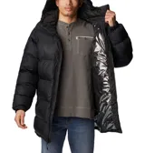 Campera Columbia Pike Lake Parka para hombre, color negro, con capucha ajustable, cierre frontal completo, bolsillos laterales con cierre y puños ajustables. Cuenta con tecnología termorreflectante Omni-Heat™ y aislamiento de poliéster reciclado.