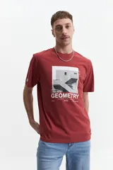 Remera gris de manga corta con estampado de escalera y texto en el frente.