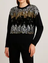 Sweater negro de lana con cuello redondo y mangas largas. Presenta apliques de lentejuelas plateadas, doradas y negras en la parte superior delantera.