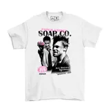 Remera blanca de algodón con estampado de la película Fight Club, con los personajes Tyler Durden y el narrador, y el logo de Paper Street Soap Co.