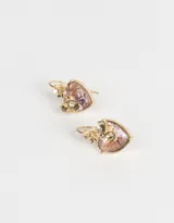 Aros colgantes cortos dorados con strass, dije de corazón rosa, flor y abeja de metal.