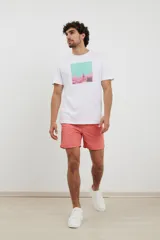 Remera blanca de algodón con estampa rectangular en el frente con imagen de paisaje en tonos celeste, rosa y blanco.