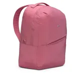 Mochila Nike Aura unisex color rosado, con logo plateado y bolsillo frontal con cierre.
