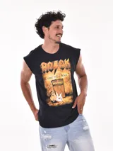 Musculosa negra con estampado de una guitarra eléctrica, un amplificador y la leyenda "Rock Classic Style Since 73".