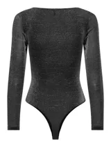 Body negro con glitter plateado, de manga larga y escote redondo.