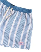 Short de baño celeste y blanco a rayas verticales, con cintura elástica y cordón ajustable.