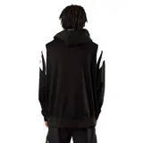 Canguro negro con capucha, corte holgado, mangas largas con dos franjas blancas y logo blanco estampado en el pecho.