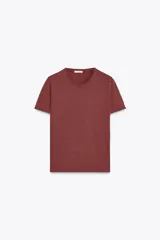 Camiseta marrón de algodón con cuello redondo, corte recto y mangas cortas. Tiene un efecto de lavado que le da un aspecto vintage.