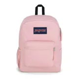 Mochila JanSport color rosa claro, con logo de la marca en el frente, un compartimento principal, un bolsillo frontal con organizador, espalda acolchada y tirantes ergonómicos.