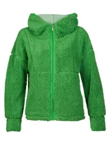 Polar de cierre completo color verde, confeccionado con fibras recicladas y con gorro.