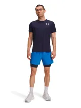Short de running Under Armour Launch 5 2in1 para hombre, color azul con logo de la marca en gris. Cuenta con calza interior de compresión en color azul marino.