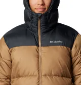 Campera puffer Columbia Puffect II Hooded para hombre, color marrón con capucha y parte superior en negro. Cuenta con aislamiento Thermarator™, tejido deperlante al agua, protector de mentón, bolsillos laterales con cremallera y puños elásticos.