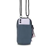 Bandolera porta celular color azul con efecto denim, con dos compartimentos con cierre y correa regulable de elástico.