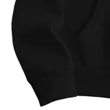 Canguro negro con capucha ajustable, estilo baggie y estampado en el pecho y las mangas.