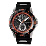 Reloj Casio MTD1071-1A2VDF con caja plateada y detalles en naranja y negro, esfera negra con agujas luminiscentes, calendario y correa de resina negra.