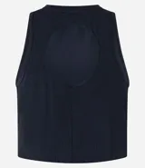 Musculosa deportiva celeste de microfibra texturizada, corte box, cuello redondo y espalda descubierta.