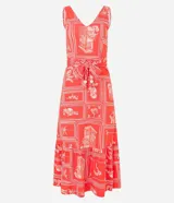 Vestido midi sin mangas confeccionado en viscosa estampada con motivos geométricos y florales en tonos naranja y blanco. Presenta escote en V, corte a la cintura con lazo y falda con volantes.