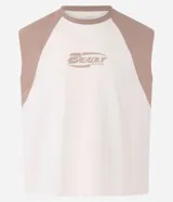 Musculosa de algodón color beige con cuello y sisas en color tostado. Estampado frontal con el logo de la marca Deadly Insane.