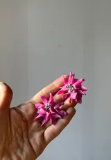 Par de aros con forma de flor rosa hechos a mano en porcelana con apliques de pirita. El perno de la caravana es de acero.