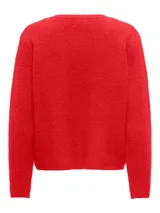 Cárdigan rojo de punto con cuello redondo, mangas largas, cierre frontal con botones y bolsillos de parche.