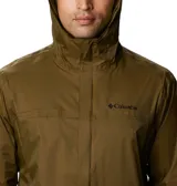 Impermeable en color azul marino con forro naranja, costuras selladas, capucha ajustable y bolsillo con cremallera.