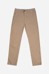 Pantalón color beige de lino y algodón, con presillas para cinturón, logo bordado y corte regular.