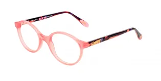 Armazones de acetato color rosa con diseño ovalado y detalles en los brazos.