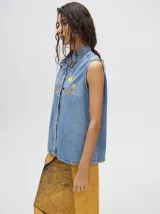 Camisa sin mangas de denim liviano color camel, con cuello camisero y botones frontales. Presenta bordados temáticos marinos en el pecho, incluyendo un sol, olas, una gaviota y vida marina.