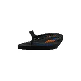 Ojotas Havaianas negras con base estampada con diseño geométrico en tonos grises, celestes y naranjas.