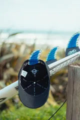 Gorra negra con logo de tiburón bordado en blanco en el frente.