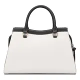 Bolso satchel Guess modelo Wrenley, color blanco con detalles en negro y herrajes dorados. Tiene doble asa de mano, correa bandolera ajustable y extraíble, cierre superior con cremallera y bolsillos internos.