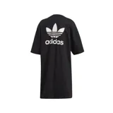 Vestido negro de Adidas Originals con corte holgado, largo hasta la rodilla, mangas cortas y logo del trifolio bordado en el pecho.