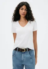 Remera gris de corte clásico, con cuello en V y mangas cortas.
