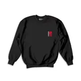 Buzo negro de algodón con cuello redondo, puños y cintura acanalados. Estampado en el frente superior izquierdo con el logo de la marca y en la manga derecha con el nombre de la marca y un diseño abstracto en rojo.