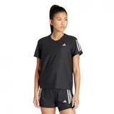 Remera deportiva Adidas Own The Run para mujer, color negro con tres tiras blancas en las mangas y logo blanco en el pecho.