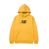 Buzo canguro verde oliva con capucha ajustable y cordones, bolsillo frontal y logo CAT estampado en blanco en el pecho.