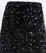 Pantalón largo de lentejuelas negras con forro, corte palazzo y cintura alta.