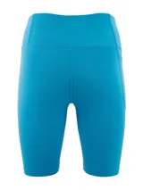 Calza corta deportiva azul con cintura alta y logo de la marca en la pierna izquierda.