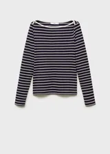 Camiseta de manga larga a rayas horizontales azul marino y blancas, con cuello barco.