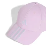 Gorra Adidas Baseball, color rosa claro con logo y tres tiras en blanco.