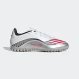 Championes de fútbol Adidas F50 Messi Club, color blanco con detalles en plateado, negro y rosa.