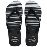 Ojotas Havaianas Top Basic con plantilla a rayas en tonos azul y blanco, y tiras azul marino con logo de la marca.
