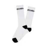 Medias blancas de caña media con talón y puntera negros. Estampado con el logo de Thrasher "Skate and Destroy" en negro en la parte superior de la caña.