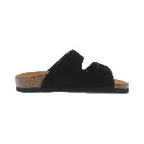 Sandalias de cuero marrón con dos tiras anchas ajustables con hebillas metálicas.