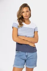 Remera de manga corta con cuello redondo, con rayas horizontales en color celeste y blanco en la parte superior y color azul en la parte inferior.