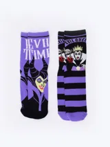 Pack de dos pares de medias de caña media con diseños de villanas de Disney: un par con Maléfica y la frase "Evil Time", y otro par con la Reina Malvada y la frase "Evil Queen", con manzanas envenenadas.