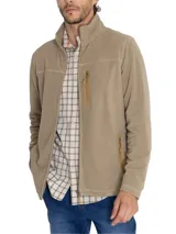 Campera polar RKF Glasgow color beige, con cuello alto, cierre frontal completo y tres bolsillos con cierre. Confeccionada con poliéster reciclado.