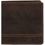 Billetera de cuero marrón con costuras en contraste, ocho ranuras para tarjetas y tecnología RFID.